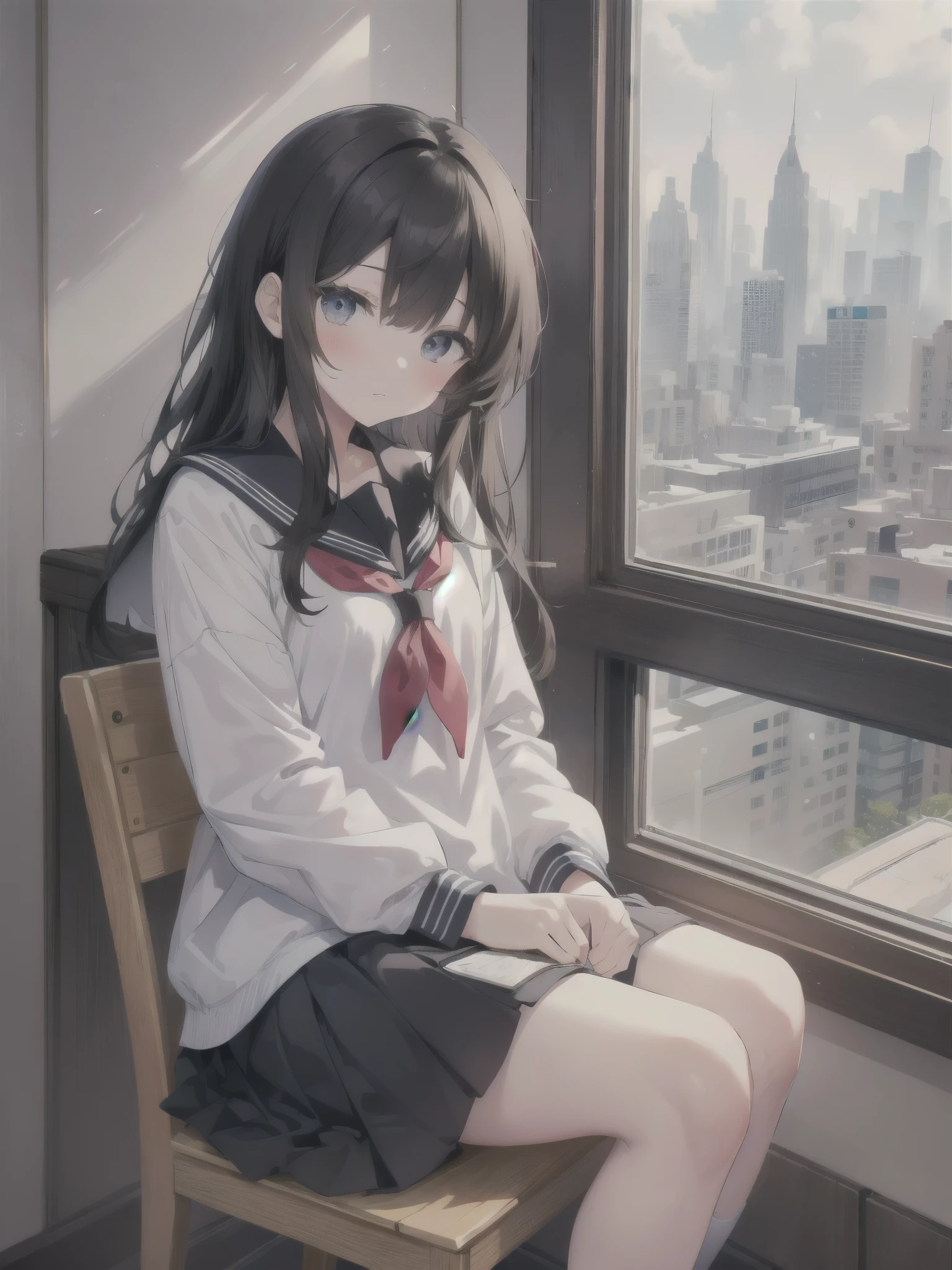 there is a young girl in a sailor suit sitting on a chair, seifuku, shikamimi, chiho, with index finger, sakimichan, iwakura lain, close up iwakura lain, shiori teshirogi, kotegawa yui, sailor uniform, narumi kakinouchi, jk uniform