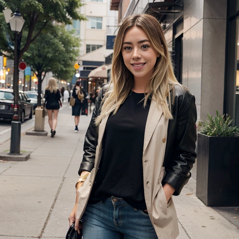 Chloe Bennet with dyed blonde hair wearing stylish clothing smiling