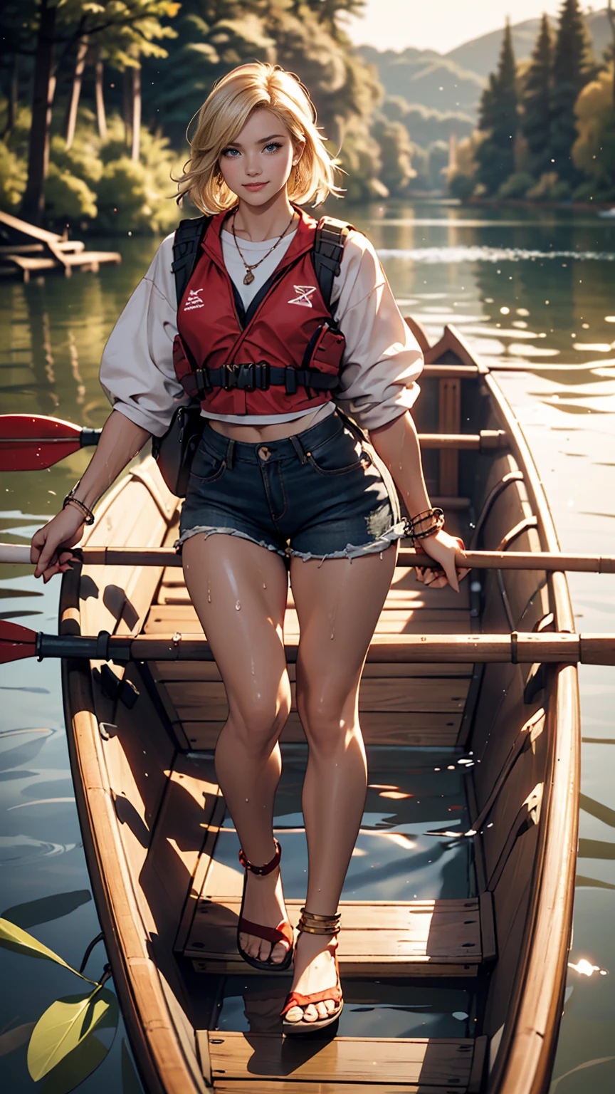 ((最high quality, 8K, masterpiece: 1.3, Ultra HD, high quality, 最high quality, High resolution, realism)) 、A 22-year-old extremely beautiful white woman、Hair color blonde、blue eyeedium Hair、Straight Hair、smile、Slender but well-proportioned body、Background blur((depth of field))、Aerial perspective((atmospheric perspective))、I want my head to stay off screen、Put an anklet on your ankle、Wearing red nail polish、I have a peticure、Lake in the forest、Canoe ride、Put on a life jacket、Holding an oar and paddling through the water、Low-rise shorts、Clothes that you don&#39;t mind getting wet