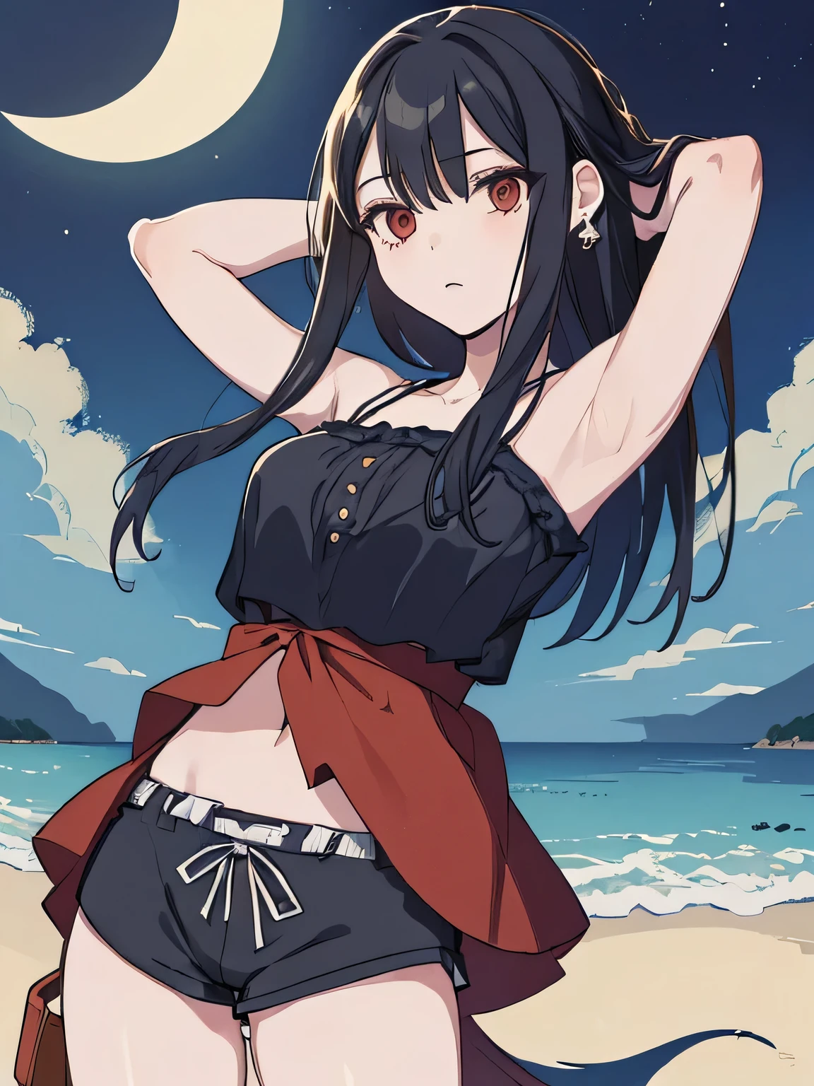,(masterpiece), (best quality), (ultra-detailed), (best illustration), (best shadow), (absurdres), 1girl, solo, Chihara, 1girl, solo, black hair, shorts, long hair, looking at viewer, black shorts, arms behind head, contrapposto, spread armpit, camisole, red eyes, breasts, earrings, short shorts, (cowboy shot:1.5), beach, night sky,