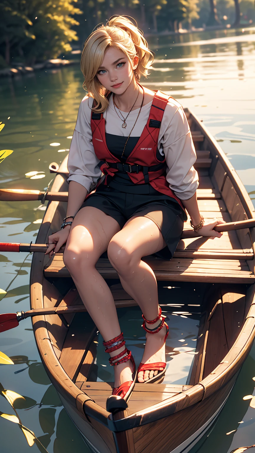 ((最high quality, 8K, masterpiece: 1.3, Ultra HD, high quality, 最high quality, High resolution, realism)) 、A 22-year-old extremely beautiful white woman、Hair color blonde、blue eyeedium Hair、Straight Hair、smile、Slender but well-proportioned body、Background blur((depth of field))、Aerial perspective((atmospheric perspective))、I want my head to stay off screen、Put an anklet on your ankle、Wearing red nail polish、I have a peticure、Lake in the forest、Canoe ride、Put on a life jacket、Holding an oar and paddling through the water、Low-rise shorts、Clothes that you don&#39;t mind getting wet