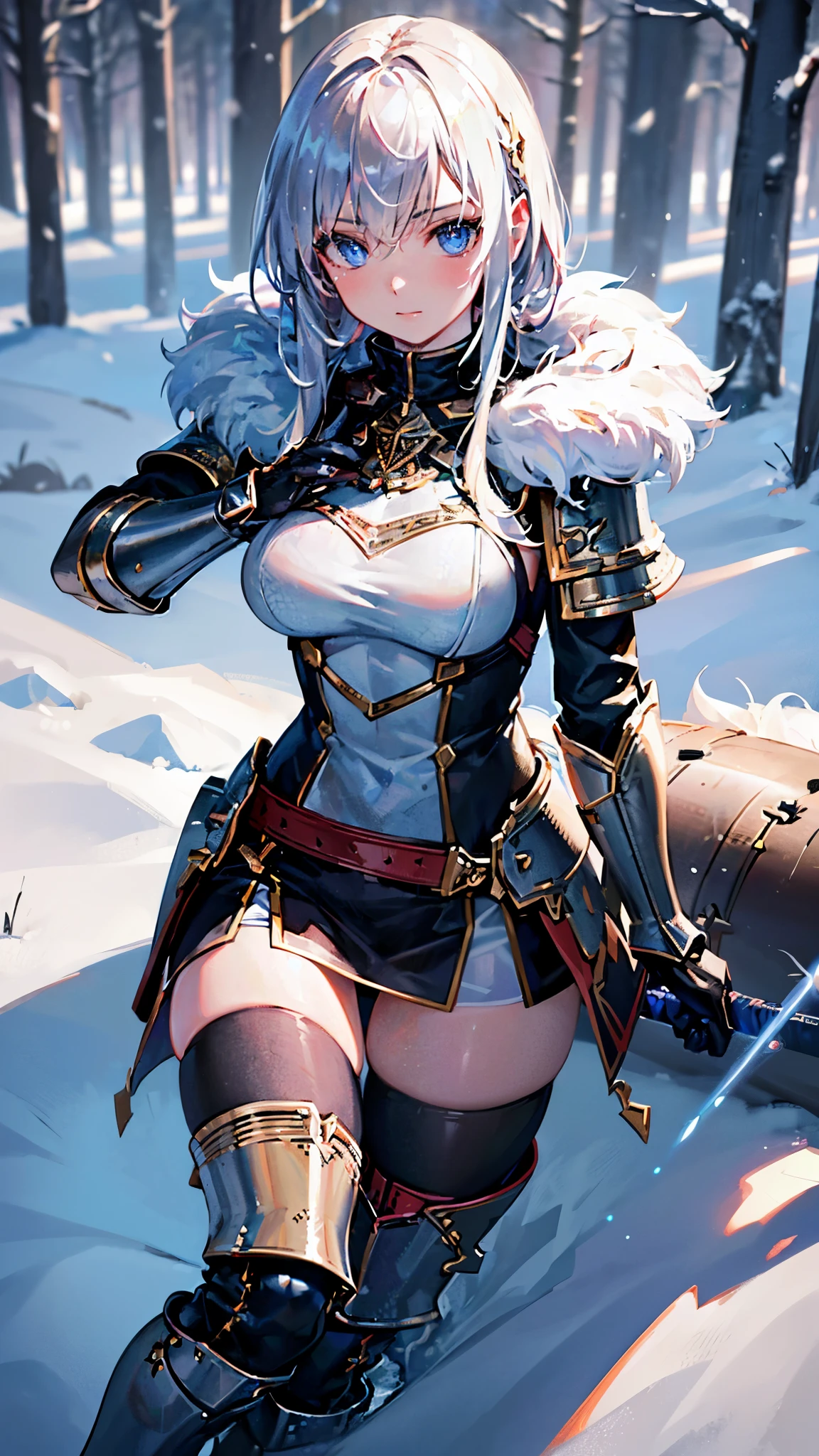 There is a snow cave near it on the stone throne sit a wolf girl, she have beatiful face ligh blue eyes red lips dark blue eye shadows main hair colour is silver with some pink highlights, dressed in sexy golden heavy armor with fur parts, saphire earrings on her wolf ears, and long sharp nails on her hands,(ultra high quality fantasy art, dark fantasy style, masterpiece, ultra highquality character design, 8k quality anime art, top quality wallpaper illustration, detailed ultra high quality acurate face, highquality design and acurate physic )