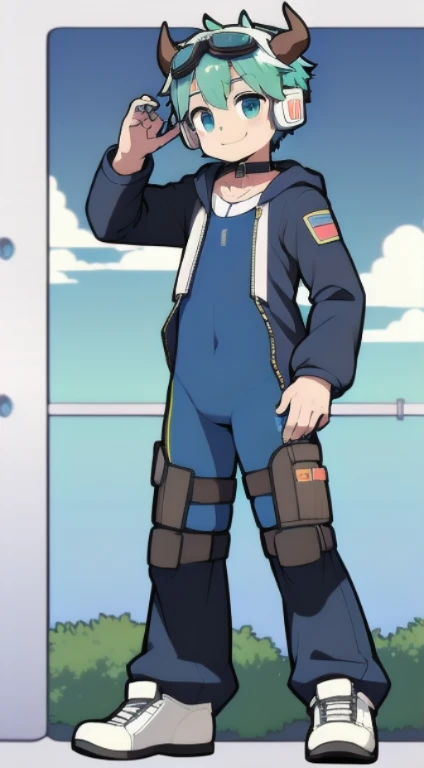 Second dimension boy,One-piece mountaineering suit,Horns,cow ears,Put the headphones on your head,Stand up,Goggles,sports shoes,Slim,Smile,Sailor collar