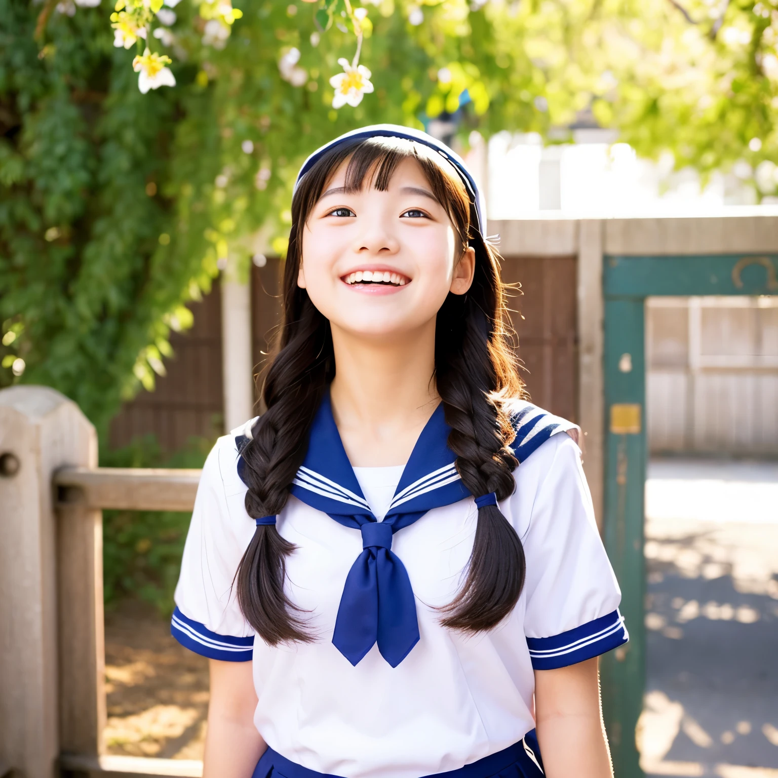 Commemorative photo、Junior high school entrance ceremony、In front of the school gate、One Girl、Brand new sailor uniform、Spring Light、Smiling Girl、Girl looking up、Shashin from above