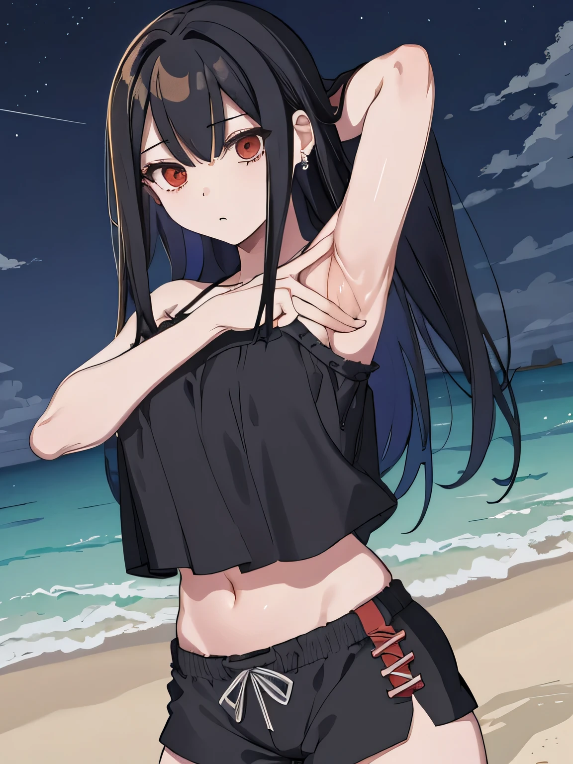 ,(masterpiece), (best quality), (ultra-detailed), (best illustration), (best shadow), (absurdres), 1girl, solo, Chihara, 1girl, solo, black hair, shorts, long hair, looking at viewer, black shorts, arms behind head, contrapposto, spread armpit, camisole, red eyes, breasts, earrings, short shorts, upper body, beach, night sky,