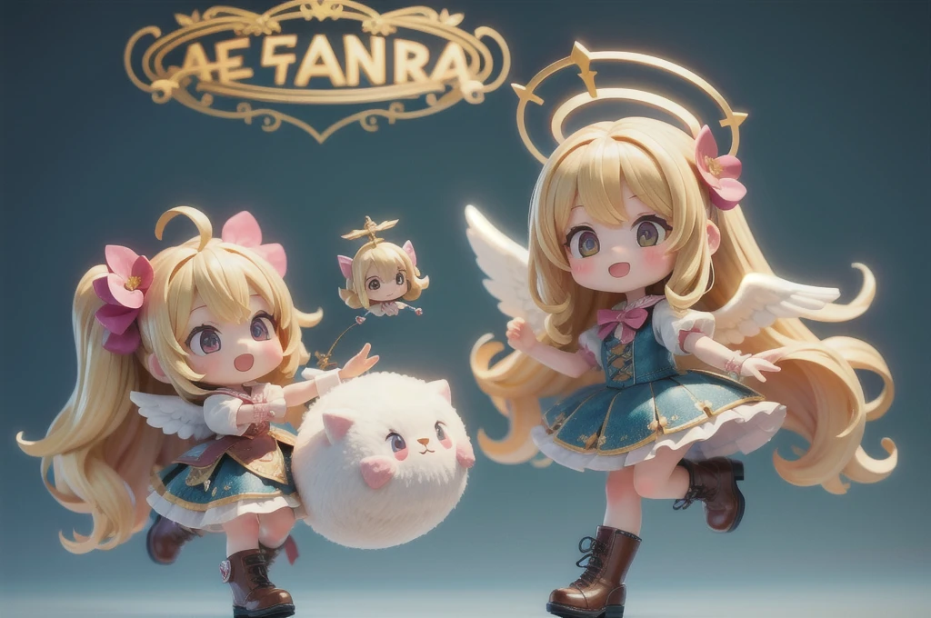 multiple girls,(girl is angel),((girl with angel's wing,angel halo floats above her head),blonde hair,), ((masterpiece, highest quality, Highest image quality, High resolution, photorealistic, Raw photo, 8K)),(nendoroid figure),fluffy, miniatures,illustration,metal platform boots,very happy smile,mouth open,skirt lift,whole body,in garden of eden,dynamic pose,three-dimensional,octane rendering,Perfect face,Collagen texture((flowing hair))