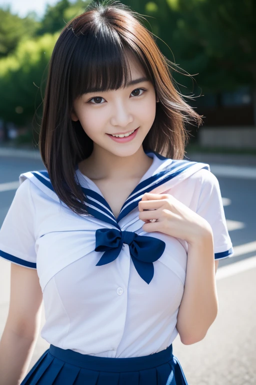 Close-up of a woman posing for a photo, Japanese Model, Beautiful Asian Girl, 18 year old female model, 4K、Bans、Black-haired、Beaver、Middle Hair、Straight hair、(White shirt, Sailor , Dark blue pleated skirt:1.2), (Super cute idol-like face:1.2)、Slim and beautiful figure、(Huge breasts:1.5),(Huge breastsの谷間:1.2)、Laughter、
