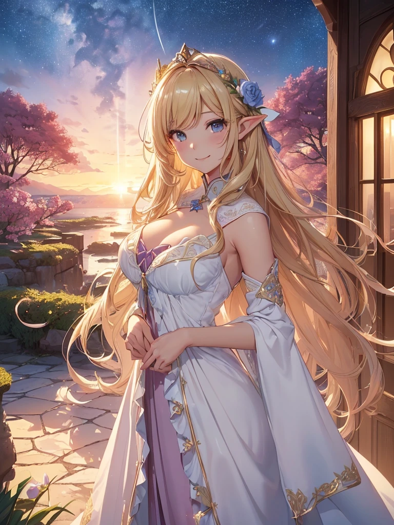 highest quality、Highest image quality、masterpiece、beautiful face、、Titania、Super beautiful elf beauty((18 years old OL big bust、bust 90,beautiful long ironed hair、blonde、Height: 170cm。slender、sexy、Esbian、beautiful tiara、night、High quality、美しいart、Beautiful bed、canopy、Sky curtain、muste piece、ビジュアルart、Depth of the bounds written、、elf ears、、Lightのmagic、universe、A happy smile、穏やかなLight、Elven Forest、cherry blossoms、、elegant、ticker beautiful decorative、marble columns、fresco、Mosaic floor、mystical rosa、Rose、flower瓶、magicのflower、flowerを作るmagic、Light、 the sky、beautiful dressy、beautiful dresyth、ART、Lord of the Ring、sexy、friendly smile、Fantastic、cherry blossoms、舞い散るflowerびら、cherry blossomsのflower、universeのmagic、magicのLight、fantasy、flower、super REALITYたくさんのRose、magic、Interior decoration、Many tapestries、Grow fantasy、、mysteryのLight、byzantine、renaissance、Art nouveau、alphonse Mucha、、art、art,mystery,UHD,magicalgentle light,sexy、