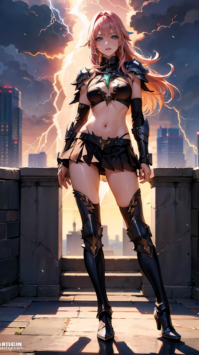 (masterpiece),(best quality:1.0), (ultra highres:1.0), detailed illustration, 8k, anime, 1girl, pretty pose, tall, pretty face, detailed face, beautiful eyes, best quality, ultra-detailed, realistic, Final Fantasy 13 character (((Lightning Farron))) in (metal bikini armor),sexy legs, beautiful medium breasts, pink hair, BREAK dark red pleated micro skirt, BREAK voluptuous, ((((FULL BODY VIEW)))), (Full Body Portrait), (Cute standing pose), no upskirt, BREAK ((Knee-High Heavy Plate Boots with spurs))