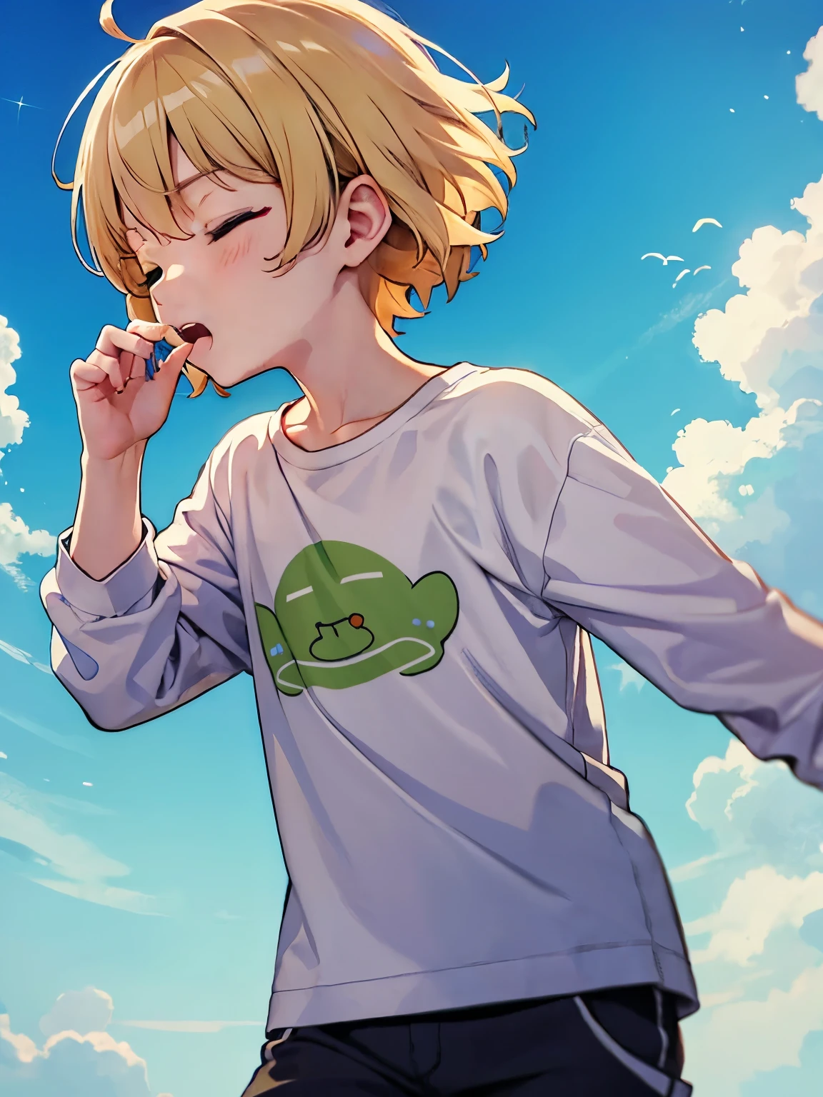 Baby boy,guy,5 years old,Short blonde hair,closed eyes,biting,messy hair, wearing White t-shirt,plain t-shirt,long sleeve t-shirt, white shorts, Plain t-shirt,Run to the right, camera angle from the side,