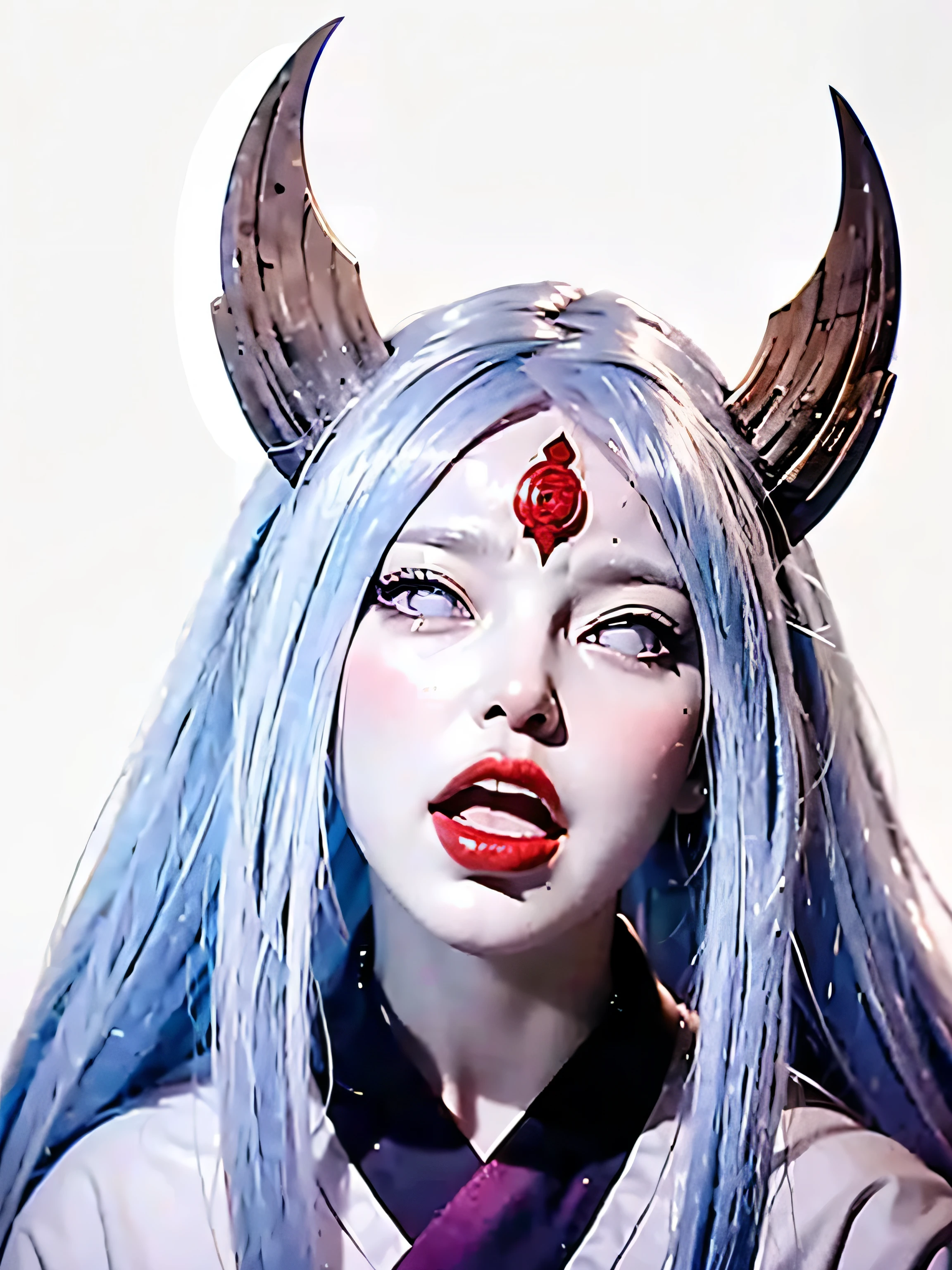 Safe For Work, beautiful woman, Kaguya Otsutsuki, Tongue, Stick out tongue, Sweaty, White long hair, two horns, white eyes, Photo Realistic: 1.4, High Res., UHD, Seaart Prompt Studio