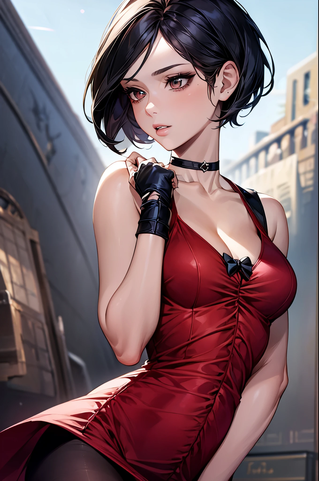 (masterpiece, best quality:1.2), expressive eyes, perfect face, highres, 1girl, solo, adadress, red dress, short dress, sleeveless dress, cleavage, choker, pantyhose, standing, parted lips, upper body, looking at the viewer,