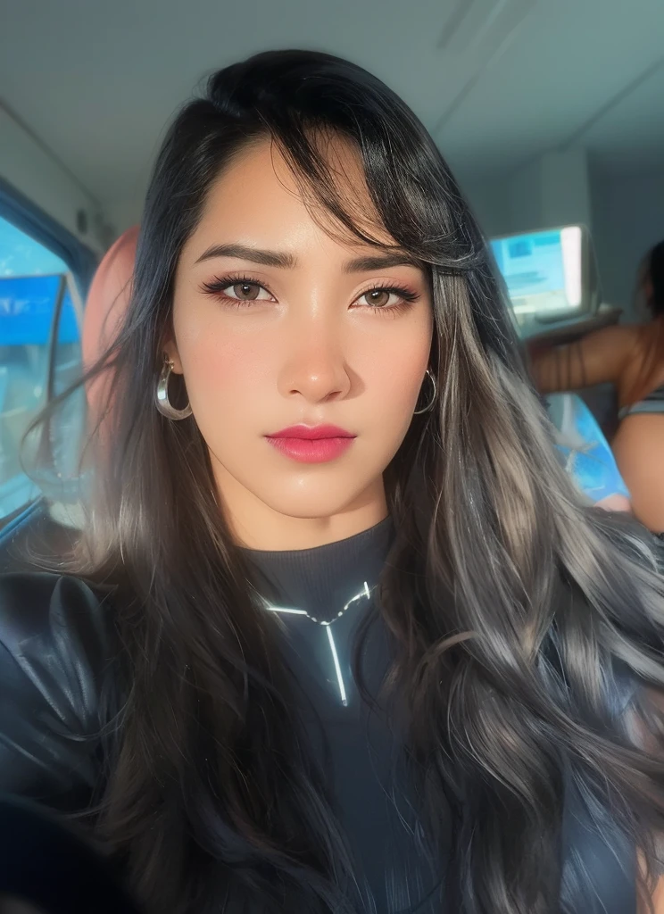beautiful woman,black hair,pink lipstick,dark skin,brown eyes,deep and serious look,stylish outfit,long flowing hair,elegant posture,vibrant colors,soft lighting,breaking news background