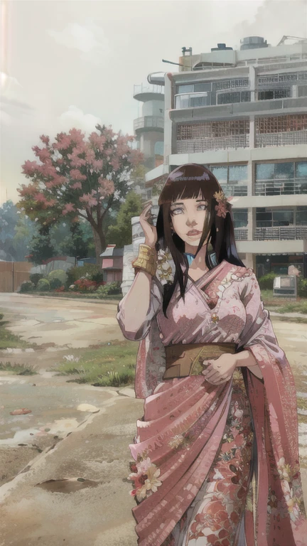 (masterpiece),(best quality:1.0), (ultra highres:1.0), detailed illustration, 8k, anime, 1girl, beautiful anime girl, in a sari, wearing a pink sari, pretty pose, pretty face, detailed face, beautiful eyes, detailed eyes, red lips, red lipstick, slightly brown hair, pink flower on ear, highlights in hair, standing, red flowers on a tree in the back, open sky with clouds, detailed, intricate, anime style, highly detailed