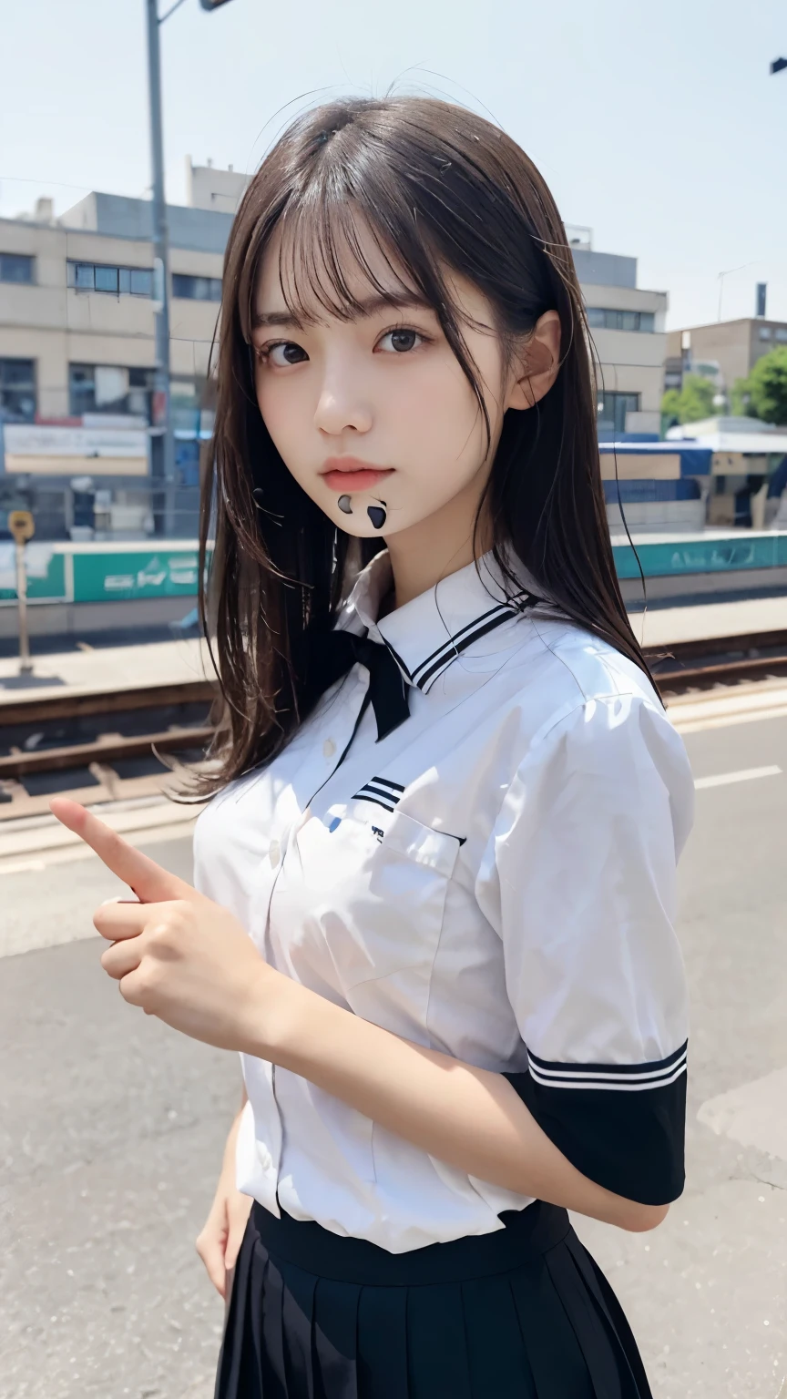 (Slim close-up portrait, A medium-sized girl wearing a short-sleeved summer uniform:1.5)、(A sad-looking girl with her hair blowing in the wind and looking at the sky 1.3)、Crowd at station platform :1.3)、(Perfect Anatomy:1.3)、(Complete Hand:1.3)、(Full Finger:1.3)、Realistic、RAW Photos、Tabletop、highest quality、High resolution、Delicate and beautiful、Perfect Face、Beautiful details、Fair skin、Real human skin、pores、((Thin legs))、(Black Hair)、 Half body shot