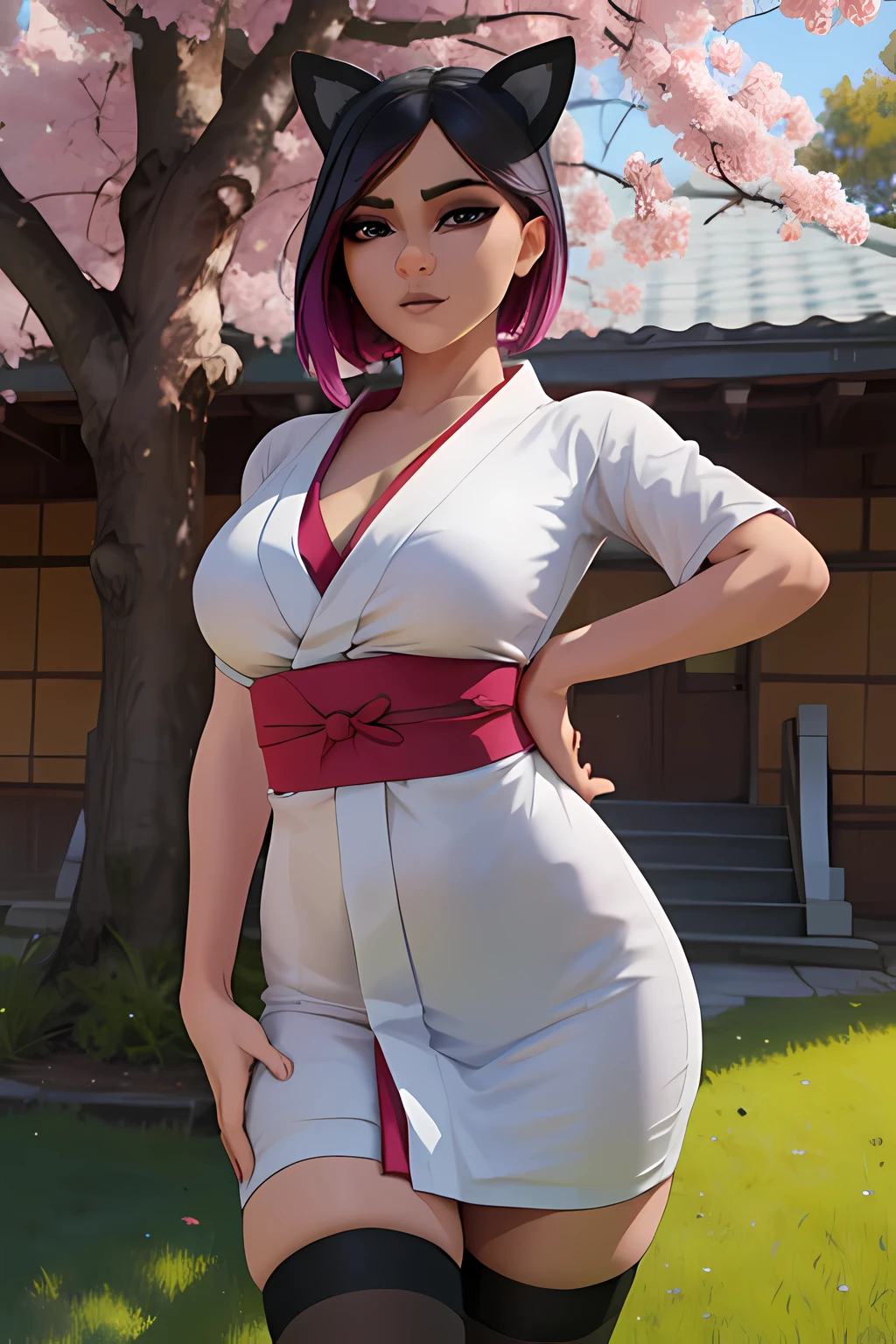lince , Japanese yukata dress with big white stockings ,Noche ,Extremadamente detallado, rostro detallado ,hermoso rostro, ojos finos, mirando al espectador, pose femenino.