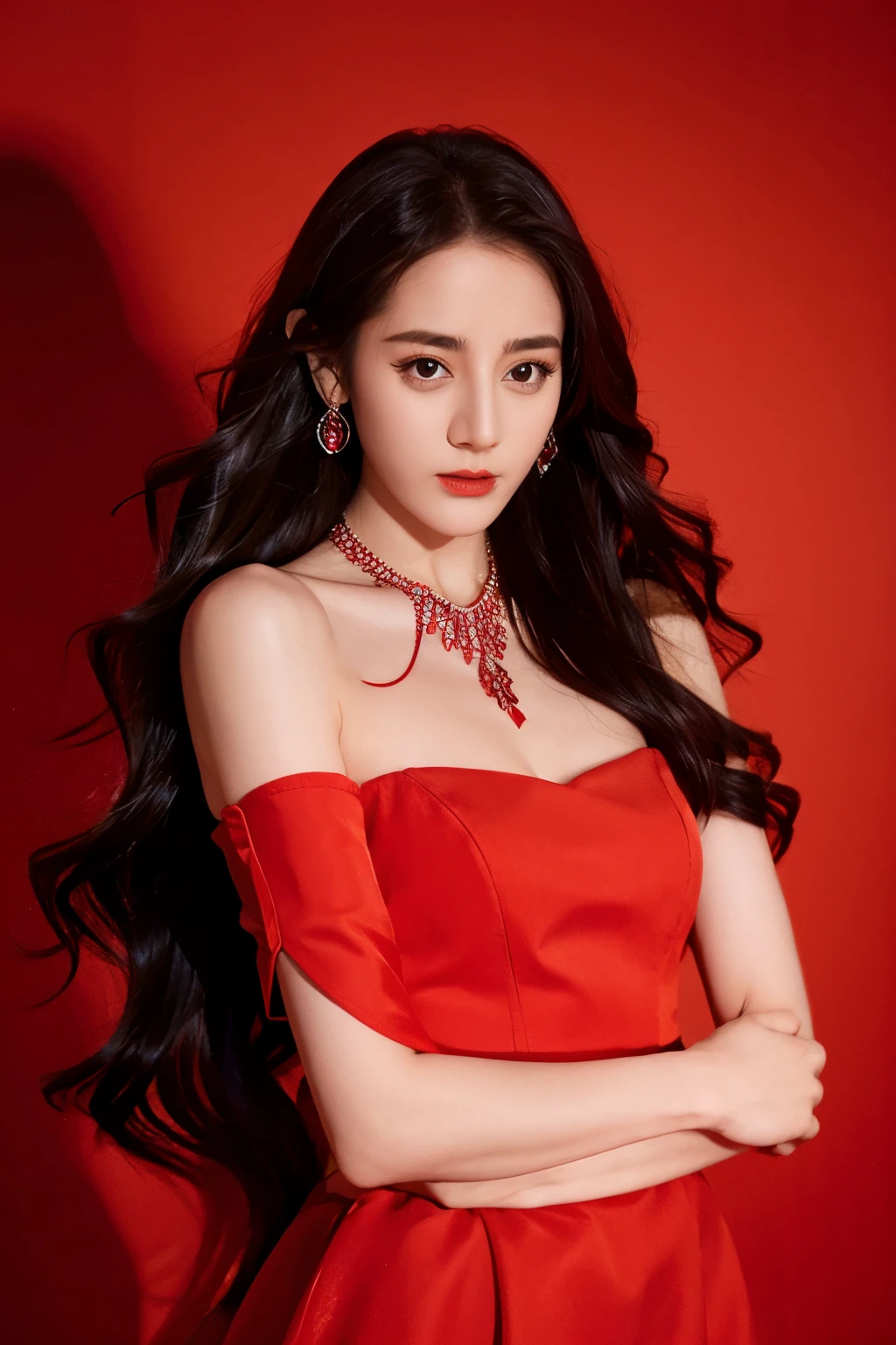 Ultra HD resolution，artistic photos，Photography，21year girl,earrings,long hair,Red background,Black backless dress,necklace,cowboy shot,H cup