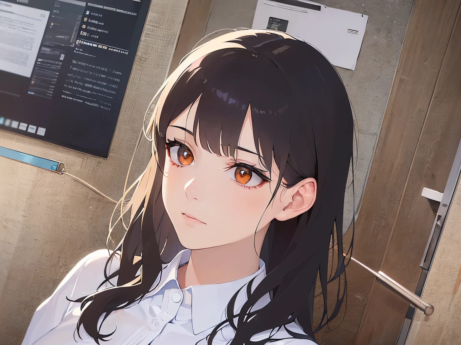 side angle, (looking away:1.5), Upper Body, Realistic, real person, (pale skin: 1.2), RAW photo, photorealistic, portrait photography, shiny skin, shiny hair、(25 year old woman with medium hair with bangs) and (wavy hair) and (brown hair) and (orange eyes) ,(white collared shirt), Expressionless, Background is an office room、Alone、Sitting、computer