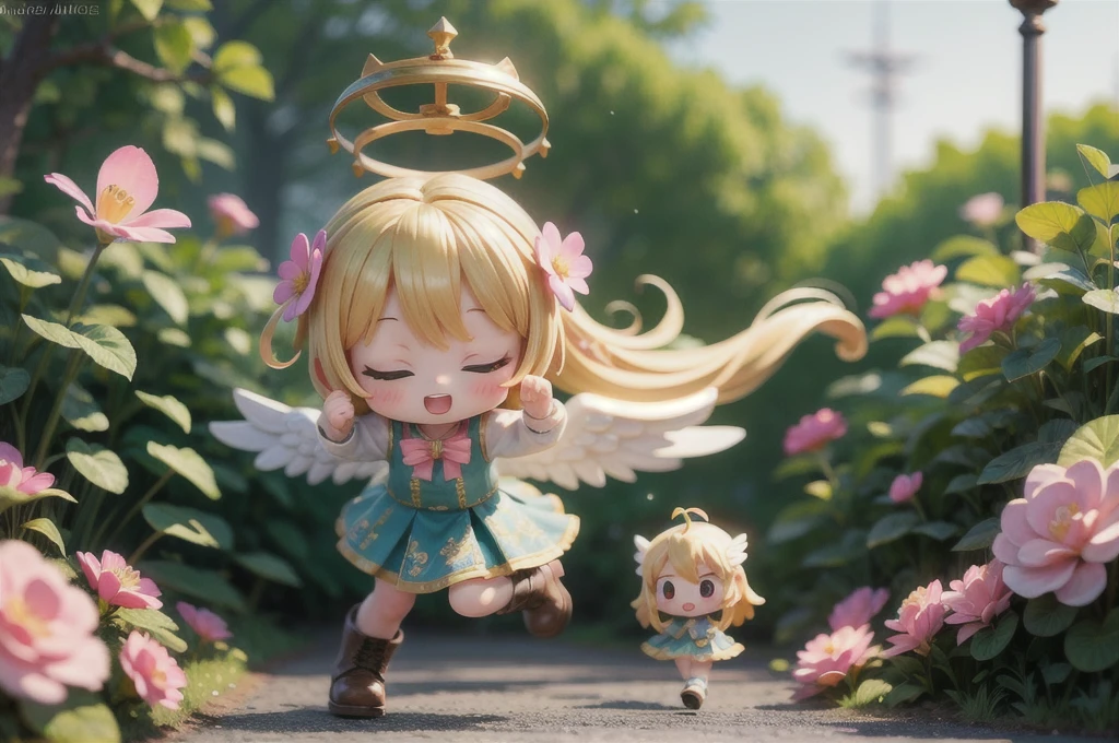 multiple girls,(girl is angel),((girl with angel's wing,angel halo floats above her head),blonde hair,), ((masterpiece, highest quality, Highest image quality, High resolution, photorealistic, Raw photo, 8K)),(nendoroid figure), miniatures,illustration,metal platform boots,very happy smile,mouth open,fluttering skirt,strong wind,whole body,in garden of eden,dynamic pose,three-dimensional,octane rendering,Perfect face,Collagen texture((flowing hair))