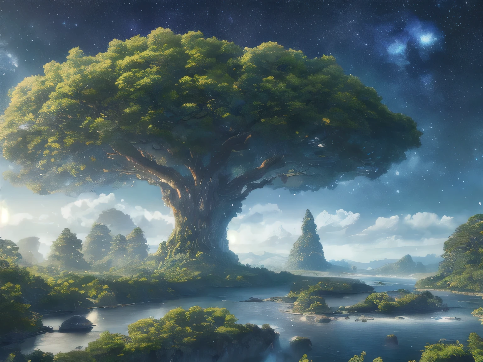 Hyperrealistic illustrations , Otherworldly, Ultra-aerial scene featuring the entire body of a giant crystal tree,Very detailed and magical lighting, Intricate forest details, Surrounding vegetation and river, Solarpunk ,landscape, huge tree, Beautiful foliage with beautiful lighting and realistic proportions, Like a movie background, 8k, highest quality, masterpiece, Sky with clouds and stars.