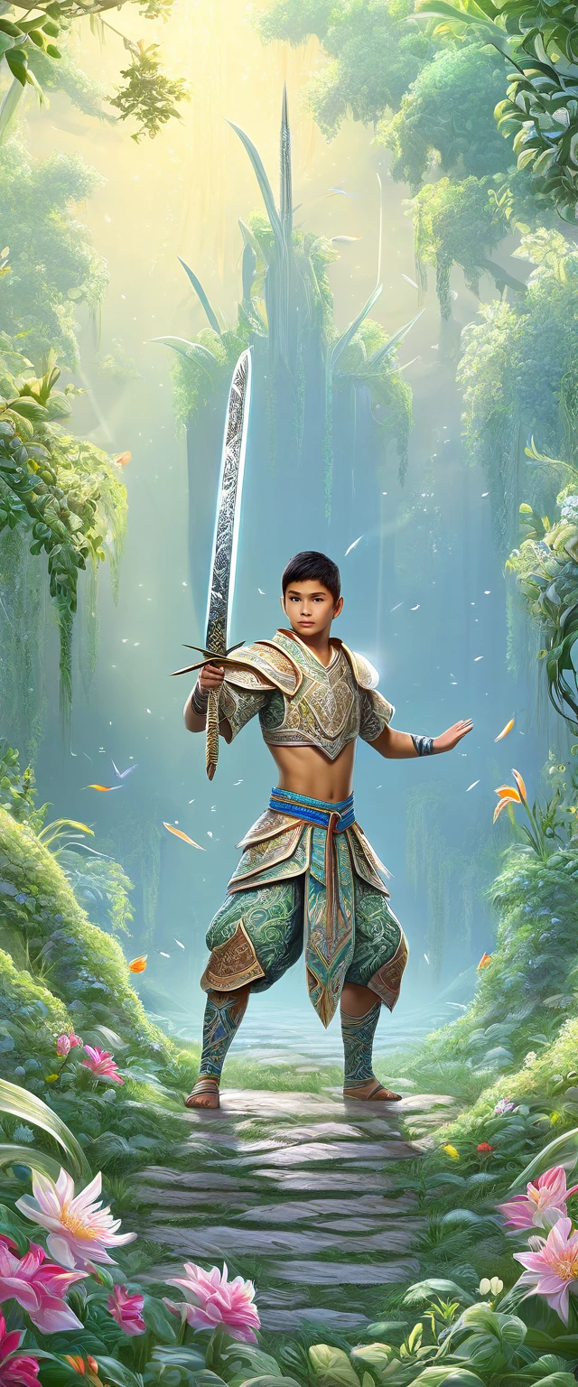 Masterpiece, high quality, delicate, Detailed body, Intricately detailed, ILLUSTRATION,((A young Filipino Juramentado man, with his typical Juramentado clothing:1.7 a sword in his hand and a knife in the other:1.7)), concept art , 4k, Fantasy, overgrown, Beautiful --niji 5, (masterpiece),(Best quality:1.0), (Ultra high resolution:1.0), detailed painting, intricate, (( magical, Beautiful:1.4 )), ((Best quality, vibrant, 32K, well-defined light and shadows)). without text:1.3.