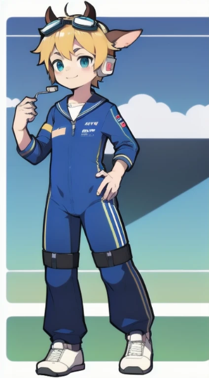 Second dimension boy,One-piece mountaineering suit,Horns,cow ears,Put the headphones on your head,Stand up,Goggles,sports shoes,Slim,happy,Sailor collar