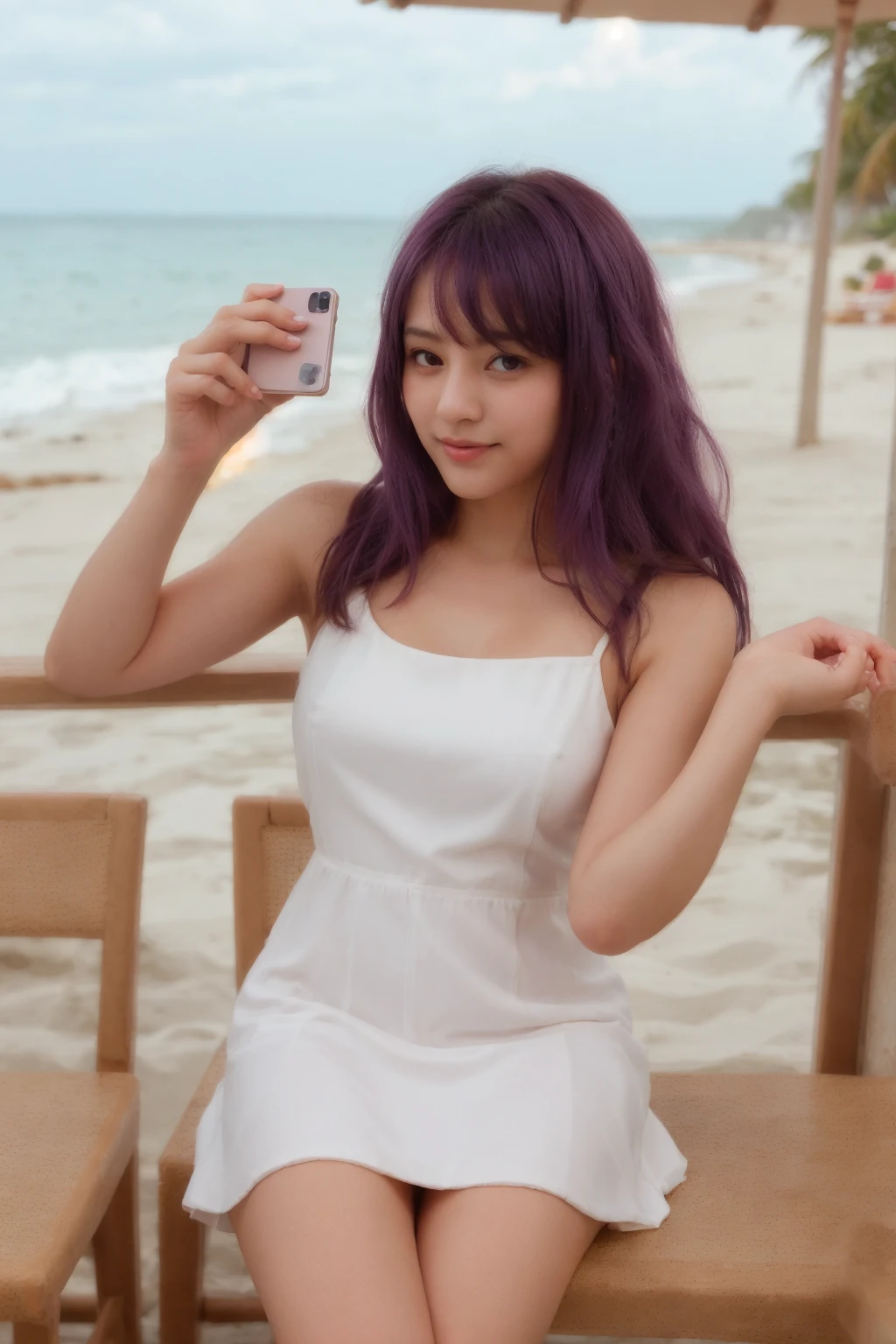 Create a digital person, cute dress, sitting beach restaurant, fair dark skin tone, violet hair tone, cute pose taking selfie, windy beach