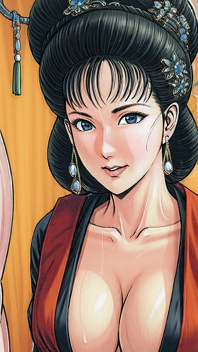 (best quality), (very aesthetic), (ultra-detailed), (best illustration),a mature female,Perfect Face,Suikoden,Mrs. Lin,(full_body),big breast,red cheek,Large drops of sweat are pouring from the whole body,skinny, chinese traditional lingerie,chinese traditional style bed,She opens her mouth wide and closes her eyes, moaning with pleasure.