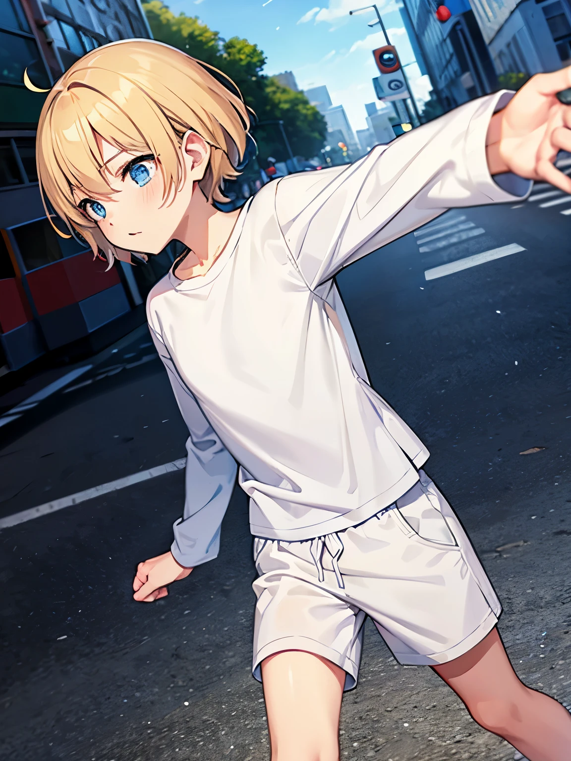 Baby boy,guy,5 years old,Short blonde hair,blue eyes,messy hair, wearing White t-shirt,plain t-shirt,long sleeve t-shirt, white shorts, Plain t-shirt,Run to the right, camera angle from the side,