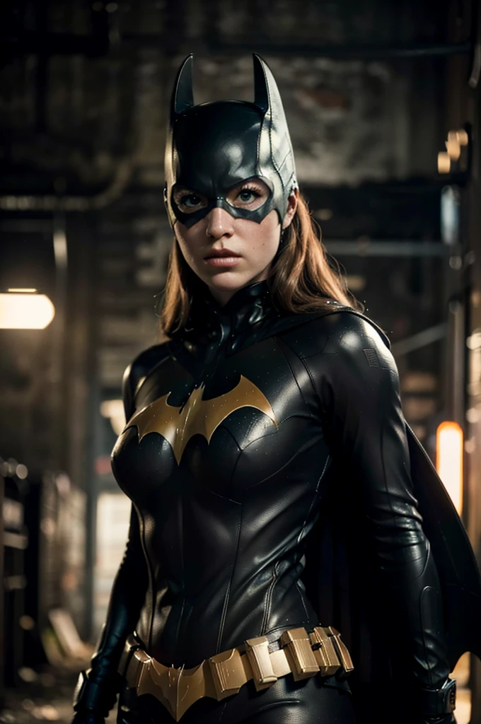 beautiful detail, best quality, 8k, highly detailed face and skin texture, high resolution, batgirl in dirty alley at night, darkest atmosphere, sharp focus