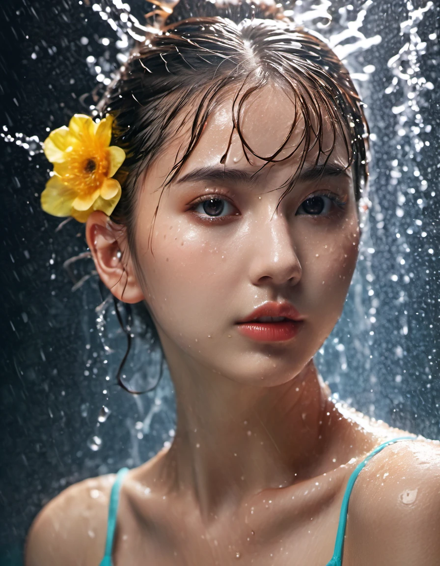 water splash on the face of a beautiful girl, dark lighting, wet bun hair cut,detailed eyes,UHD,8K,perfect photography,pierced nose, pierced tongue, half body shoot