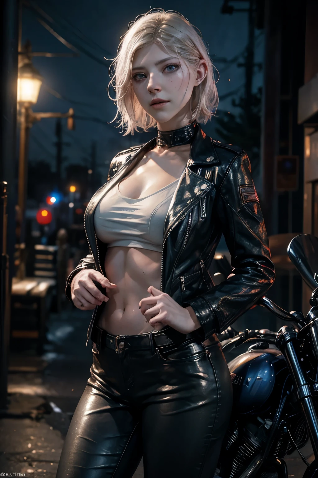 blonde short hair, vibrant blue eyes, white pale skin, ((Katheryn Winnick)), portrait, full leather clothes, biker clothes, thin nose, thin chin, dark night scene, motorclub, High detail RAW colored art, (detailed skin, skin texture), (muscle), intricate details, fine details, hyperdetailed, ray tracing, subsurface scattering, diffuse soft lighting, red and blue spotlight, by Jeremy Mann, Greg Manchess, Antonio Moro, trend at ArtStation, trend at CGSociety, Intricate, High Detail, Sharp focus, dramatic and photorealistic painting art by midjourney, bokeh in the background, motorclub jacket, best quality, masterpiece, only 1girl, close up portrait, night dark ambient, look at the viewer, leather jacket, leather clothes, night road, 
