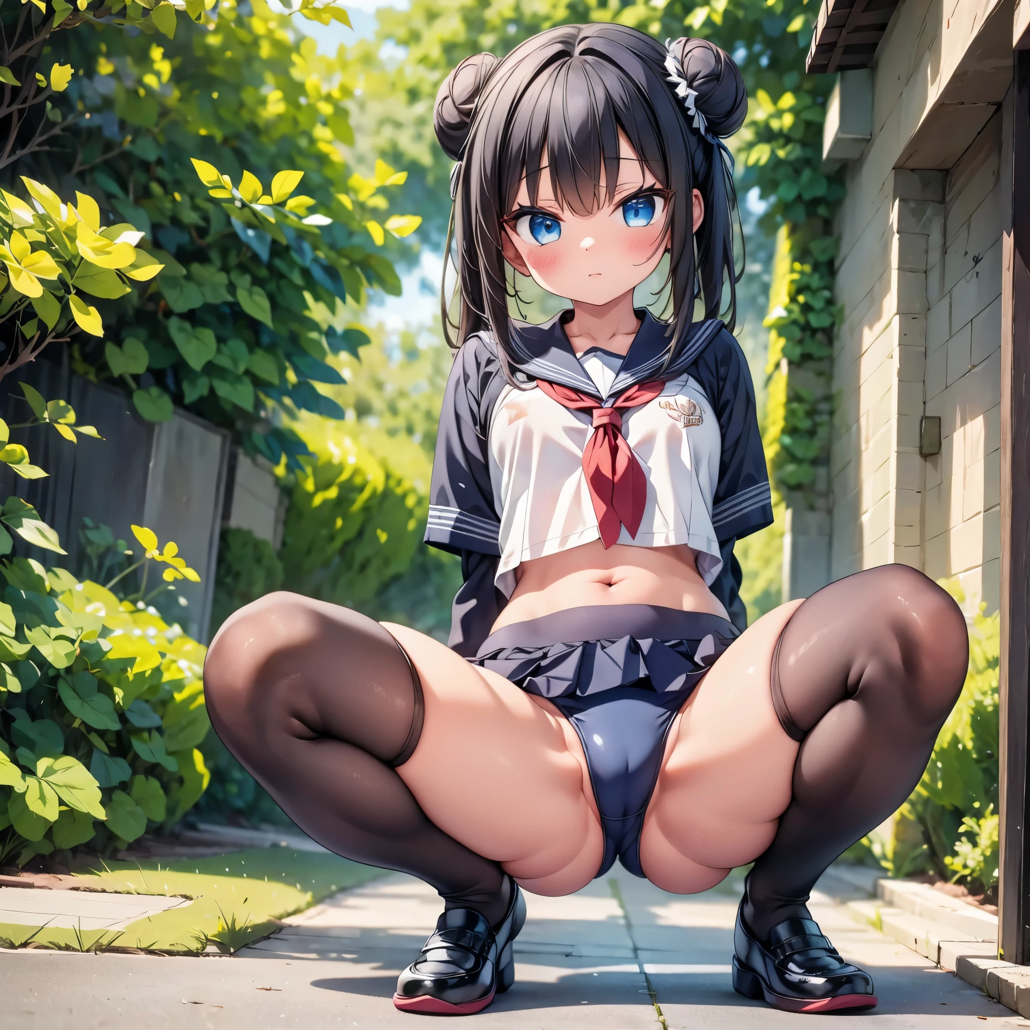 highest quality,wonderful,finely,extremely detailed CG Unity 8K wallpaper, (1 Girl,Black Hair, Blue Eyes,double bun, clothed), (on stomach:1.3),(from behind), (School Swimsuit:1.2), (squatting,open legs:1.3), (black stockings:1.1), (Thighs), (Waistline)