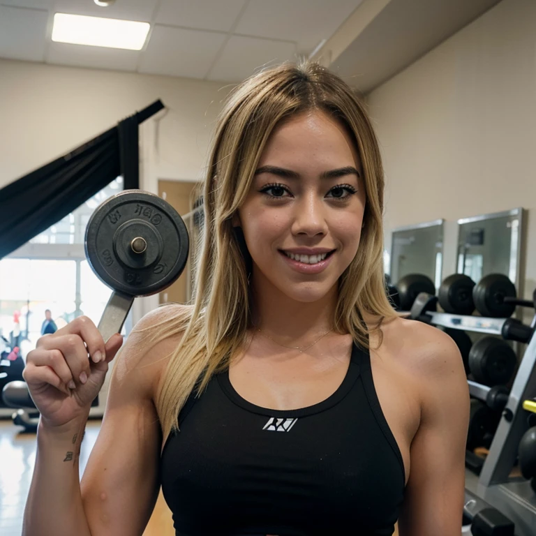 Chloe Bennet with dyed blonde hair at the gym wearing sportswear sensual smiling