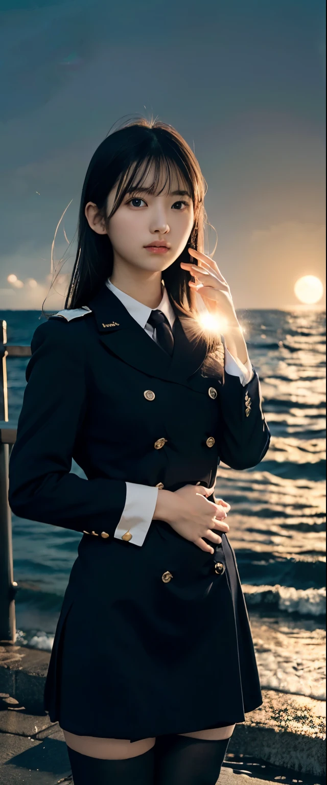 (スリムなHalf Body Shot, Medium-breasted girl in uniform:1.5)、(A sad girl with her hair blowing in the wind gazing at the big full moon 1.3)、(Large full moon reflected in the sea at night :1.3)、(Perfect Anatomy:1.3)、(Complete Hand:1.3)、(Full Finger:1.3)、Realistic、RAW Photos、Tabletop、highest quality、High resolution、Delicate and beautiful、Perfect Face、Beautiful details、Fair skin、Real human skin、pores、((Thin legs))、(Black Hair)、 Half Body Shot、Face Light