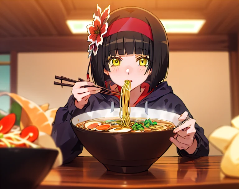 Sky Blue Hoodie, sneakers, Ramen, chopsticks, eat, View your viewers,, One girl, short hair, Black Hair, Yellow Eyes, Big red flower headband