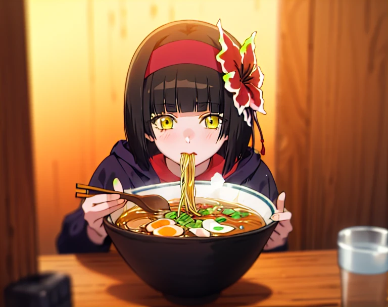 Sky Blue Hoodie, sneakers, Ramen, chopsticks, eat, View your viewers,, One girl, short hair, Black Hair, Yellow Eyes, Big red flower headband