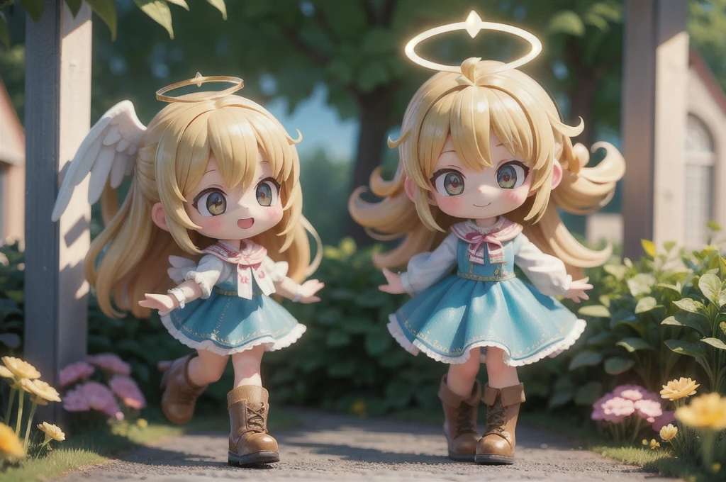 (masterpiece, highest quality, Highest image quality,photorealistic, Raw photo),multiple girls,(girl is angel),((girl with angel's wing,angel halo floats above her head),blonde hair,), (nendoroid figure), miniatures,illustration,metal platform boots,very happy smile,mouth open,fluttering skirt,strong wind,whole body,(in garden),dynamic pose,three-dimensional,octane rendering,Perfect face,Collagen texture((flowing hair))