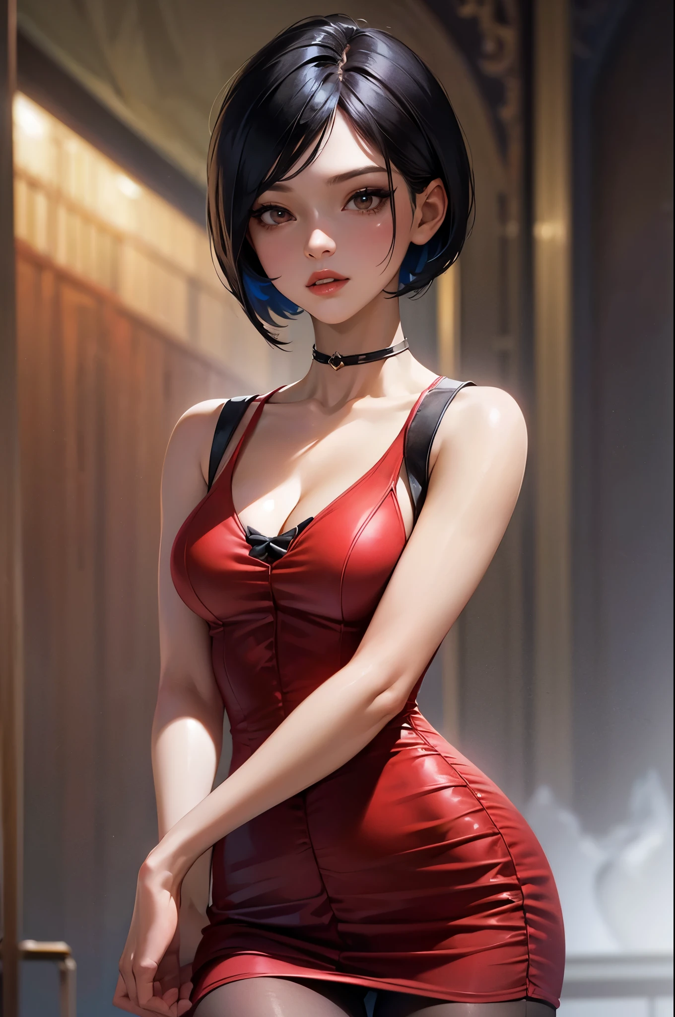 (masterpiece, best quality:1.2), expressive eyes, perfect face, highres, 1girl, solo, adadress, red dress, short dress, sleeveless dress, cleavage, choker, pantyhose, standing, parted lips, upper body, looking at the viewer,