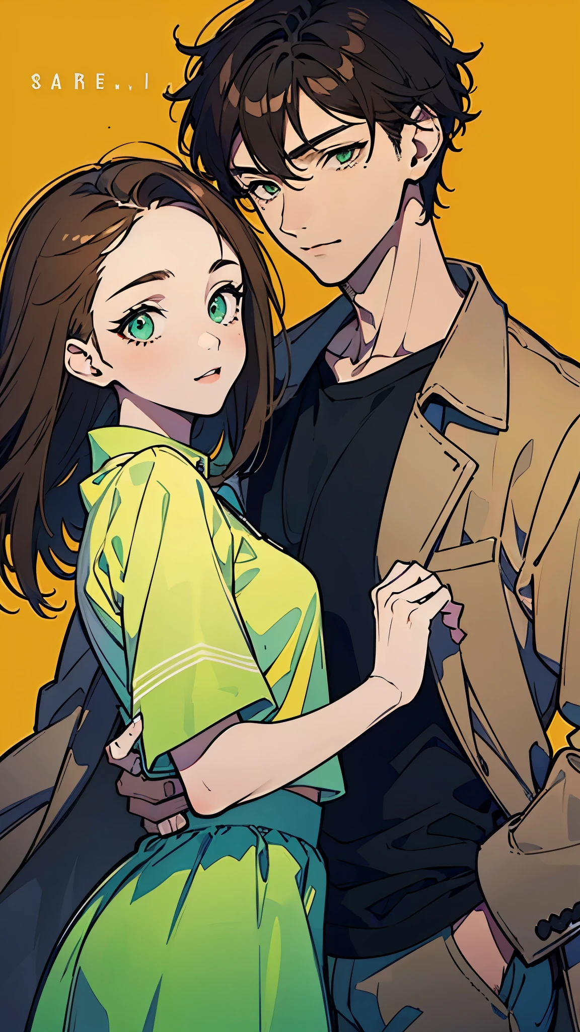 masterpiece, (1 young man,brown hair,Short hair, bangs, black T-shirt, brown coat, Cowboy hat), (1 young woman,brown hair, long hair,(Medium score),, Light green skirt), couple, two people, finely detailed eyes and detailed face,