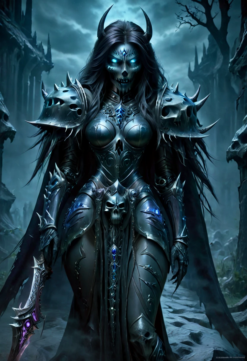 Evil sadistic death, skeletal face, undead head, gorgeous seductive body, seductive pose, Death knight armor 