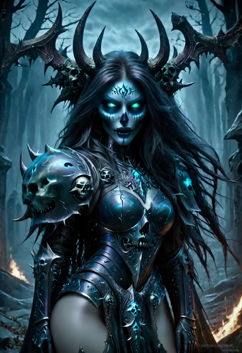 Evil sadistic death, skeletal face, undead head, gorgeous seductive body, seductive pose, Death knight armor 