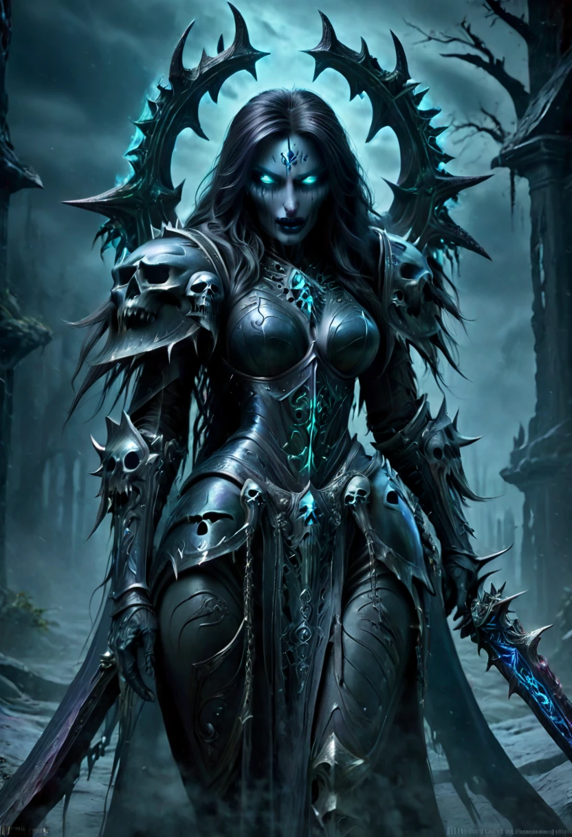 Evil sadistic death, skeletal face, undead head, gorgeous seductive body, seductive pose, Death knight armor 