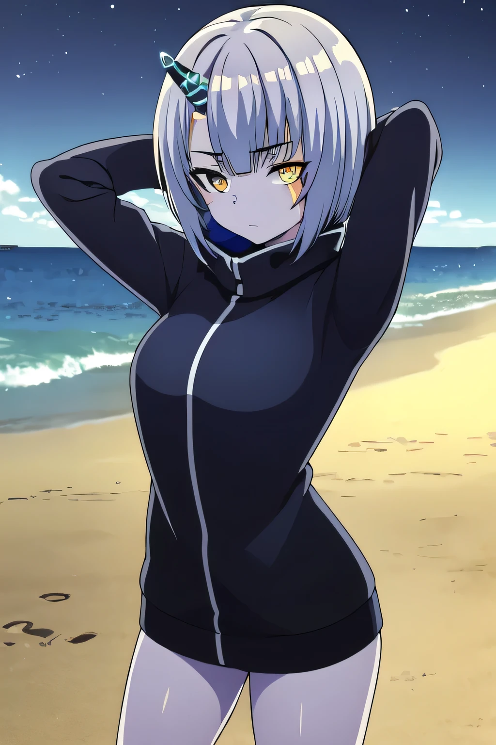 (extremely detailed CG unity 8k wallpaper),(masterpiece),(best quality),(ultra-detailed),(best illustration),(best shadow),(absurdres), atar, single horn, horns, yellow eyes, short hair, heterochromia, glowing, colored sclera, grey hair, black sclera, bangs, outdoors, colored skin, hair ornament, hairclip,1girl, solo, night sky, beach, arms behind head, looking at viewer, contrapposto, spread armpits, (cowboy shot:1.5), black jacket