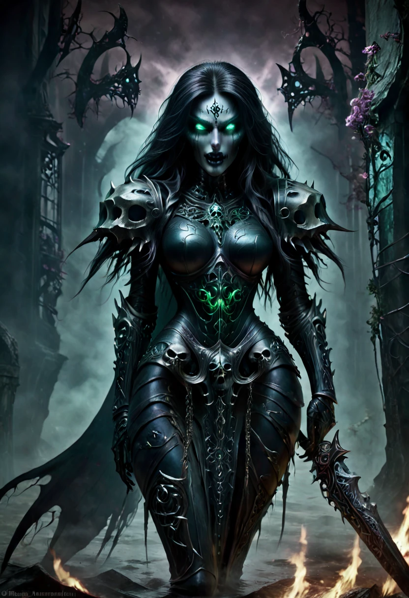 Evil sadistic death, skeletal face, undead head, gorgeous seductive body, seductive pose, Grimoire Noir armor