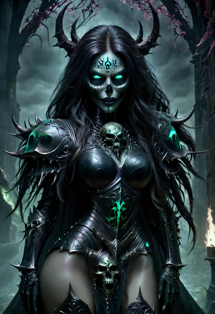 Evil sadistic death, skeletal face, undead head, gorgeous seductive body, seductive pose, Grimoire Noir armor