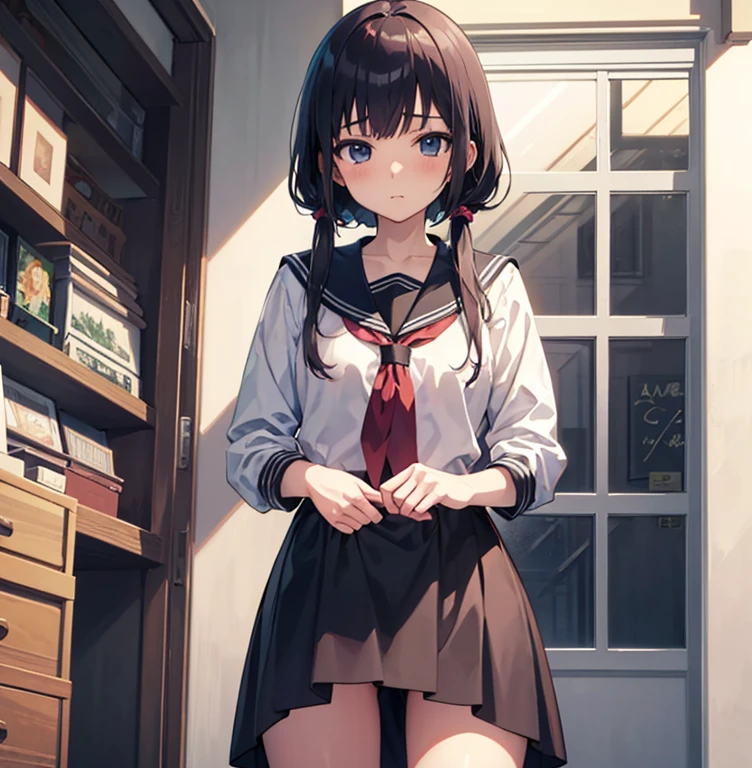 Naughty anime style、Beautiful Anime Girls、From below、Embarrassing、 15 years old、(masterpiece, best quality:1.2), illustration, 8k, hd, 1girl, solo)