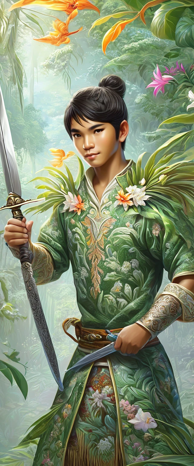 Masterpiece, high quality, delicate, Detailed body, Intricately detailed, ILLUSTRATION,((A young Filipino Juramentado man, with his typical Juramentado clothing:1.7 a sword in his hand and a knife in the other:1.7)), concept art , 4k, Fantasy, overgrown, Beautiful --niji 5, (masterpiece),(Best quality:1.0), (Ultra high resolution:1.0), detailed painting, intricate, (( magical, Beautiful:1.4 )), ((Best quality, vibrant, 32K, well-defined light and shadows)). without text:1.3.