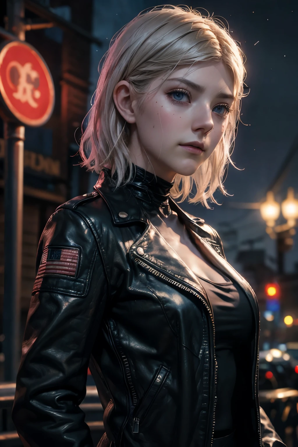 blonde short hair, vibrant blue eyes, white pale skin, ((Katheryn Winnick)), portrait, full leather clothes, biker clothes, thin nose, thin chin, dark night scene, motorclub, High detail RAW colored art, (detailed skin, skin texture), (muscle), intricate details, fine details, hyperdetailed, ray tracing, subsurface scattering, diffuse soft lighting, red and blue spotlight, by Jeremy Mann, Greg Manchess, Antonio Moro, trend at ArtStation, trend at CGSociety, Intricate, High Detail, Sharp focus, dramatic and photorealistic painting art by midjourney, bokeh in the background, motorclub jacket, best quality, masterpiece, only 1girl, close up portrait, night dark ambient, look at the viewer, leather jacket, leather clothes, night road, 
