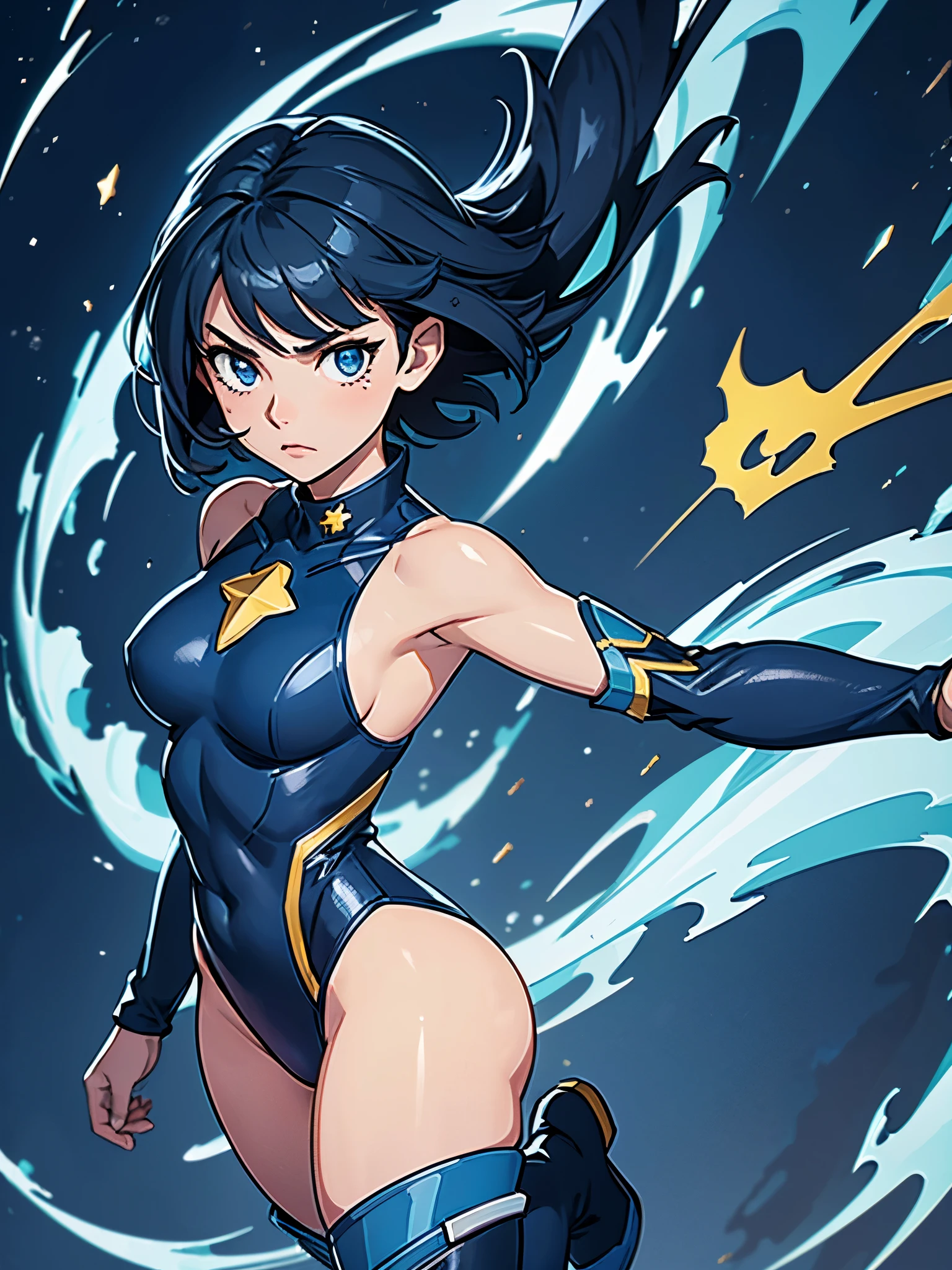 masterpiece, best quality, 1girl, superhero, ((leotard, dark blue leotard)), long sleeves, bare legs, boots, dark blue boots, matching boots, medium breasts, diffraction spikes, light particles, standing, standing straight, dark blue hair, ((short hair, bob hair)), blue eyes, beautiful detailed eyes, beautiful detailed face, cute face, (perfect hands, complete fingers, perfect anatomy, perfect proportions), heroic, ((star symbol on the chest)), serious, full body with costume, full body, cowboy shot, ((raised arms, she spins at an incredible speed, creating a whirlwind of air around her, cyclone spinning, spiral lines, spinning energy pulse around))